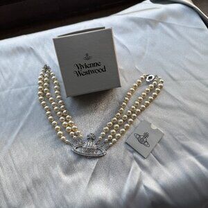 Vivienne Westwood Style Three Row Triple Layer Pearl Silver Necklace